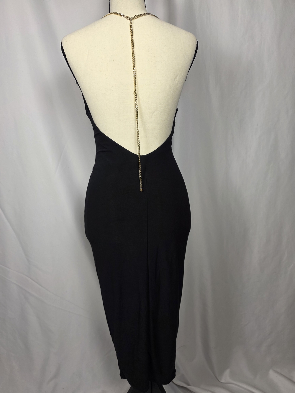 Fashion Nova Black Backless V-Neck Dress Gold Chain Straps XS